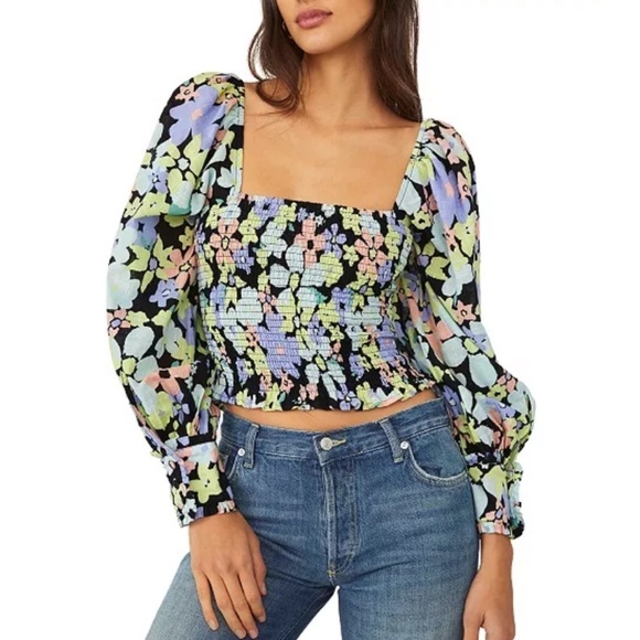 Free People Tops - Free People Ariana Printed Top in Retro Combo Smocked Puff Sleeve Floral Sz L